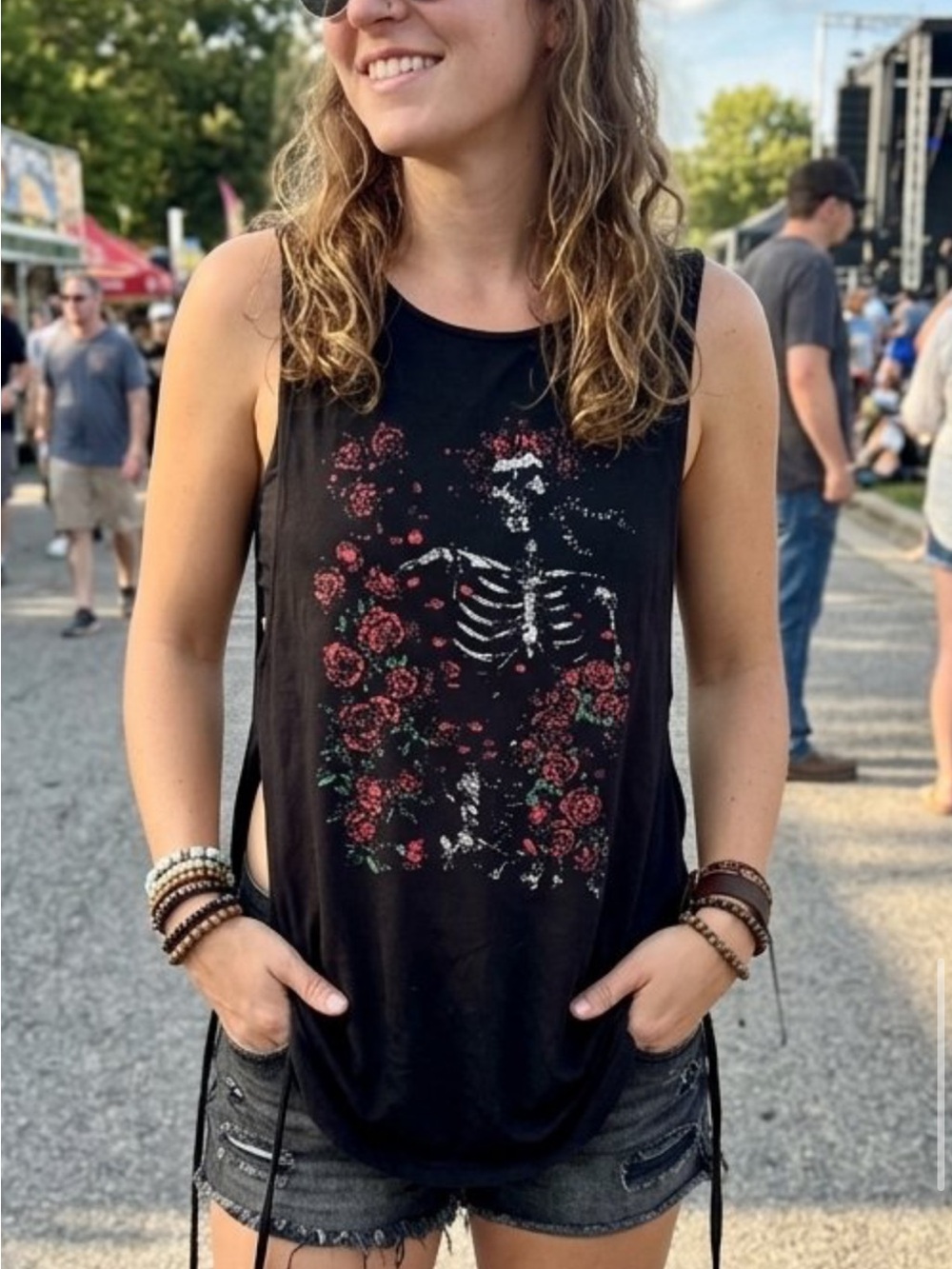 Grateful Dead Black Tank Top with Red Rose & White Skeleton Graphic